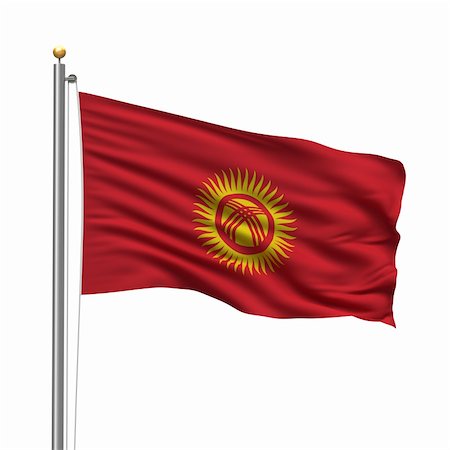 simsearch:400-04756193,k - Flag of Kyrgyzstan with flag pole waving in the wind over white background Stock Photo - Budget Royalty-Free & Subscription, Code: 400-04232720