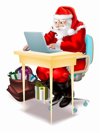 Illustration of father christmas  shopping on-line or writing his "naughty and nice" list on christmas eve Stock Photo - Budget Royalty-Free & Subscription, Code: 400-04233408