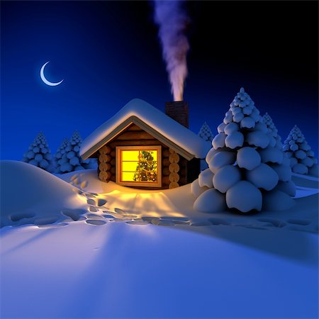 snowy night at home - A small cottage in the fairy forest in snowy New Year's Eve. Around the hut on the snow trails Stock Photo - Budget Royalty-Free & Subscription, Code: 400-04233504