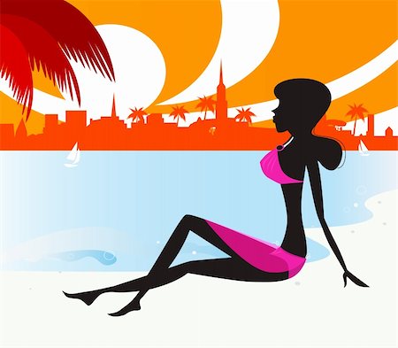 swimsuit model white background - Sexy woman silhouette and sunny beach island sunset. Stylized vector Illustration in retro style. Stock Photo - Budget Royalty-Free & Subscription, Code: 400-04233647
