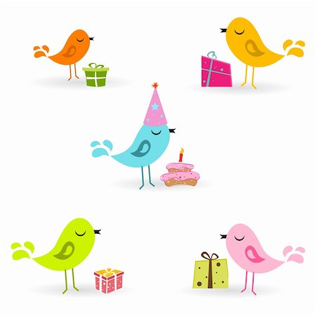 illustration of birthday card with birds and present on white background Foto de stock - Super Valor sin royalties y Suscripción, Código: 400-04240286