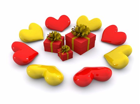 simsearch:400-04783263,k - yellow and red hearts around gifts. 3d Stock Photo - Budget Royalty-Free & Subscription, Code: 400-04240705