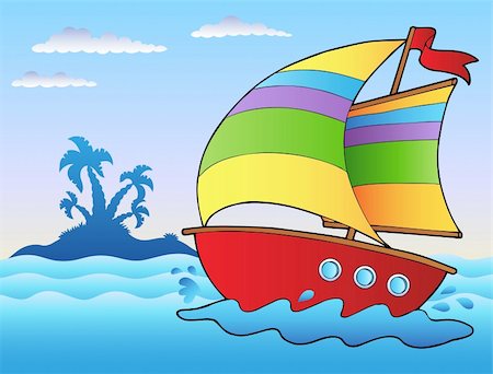 simsearch:400-08774806,k - Cartoon sailboat near small island - vector illustration. Stockbilder - Microstock & Abonnement, Bildnummer: 400-04240946