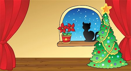 simsearch:400-04240953,k - Christmas card with tree and cat - vector illustration. Foto de stock - Super Valor sin royalties y Suscripción, Código: 400-04240954