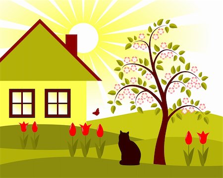 vector rural scene with tulips, flowering apple tree and cottage, Adobe Illustrator 8 format Stock Photo - Budget Royalty-Free & Subscription, Code: 400-04241569