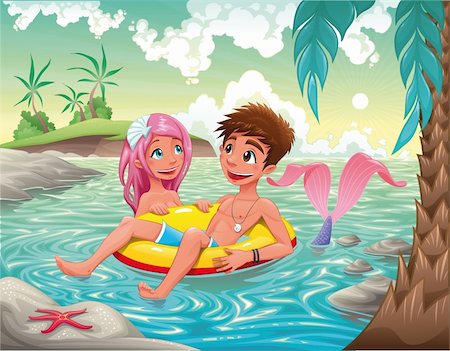 Boy and Mermaid in the sea. Funny cartoon and vector illustration. Objects isolated Stock Photo - Budget Royalty-Free & Subscription, Code: 400-04241585