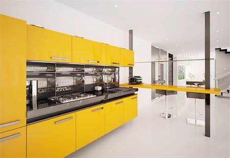 steel shelf - Interior of modern orange kitchen 3d render Stock Photo - Budget Royalty-Free & Subscription, Code: 400-04241618