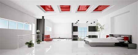 Interior of modern white red black bedroom panorama 3d render Stock Photo - Budget Royalty-Free & Subscription, Code: 400-04241627