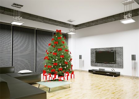 Christmas tree with red decorations in living room interior 3d render Stock Photo - Budget Royalty-Free & Subscription, Code: 400-04241664