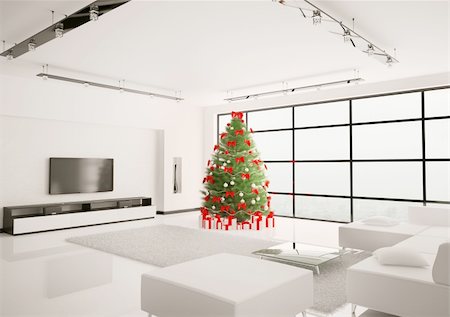 Christmas tree with red decorations in living room interior 3d render Stock Photo - Budget Royalty-Free & Subscription, Code: 400-04241665