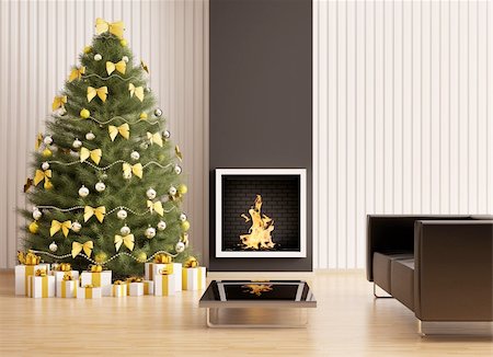 Christmas fir tree in the modern room with fireplace interior 3d render Stock Photo - Budget Royalty-Free & Subscription, Code: 400-04241667