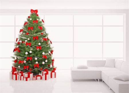 simsearch:400-04241664,k - Christmas tree with red decorations in white room interior 3d render Stock Photo - Budget Royalty-Free & Subscription, Code: 400-04241668
