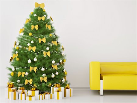 simsearch:400-04241664,k - Christmas tree with decorations in the room with sofa interior 3d render Stock Photo - Budget Royalty-Free & Subscription, Code: 400-04241669