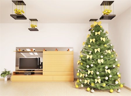 simsearch:400-04241664,k - Christmas fir tree with decorations in modern living room interior 3d render Stock Photo - Budget Royalty-Free & Subscription, Code: 400-04241670