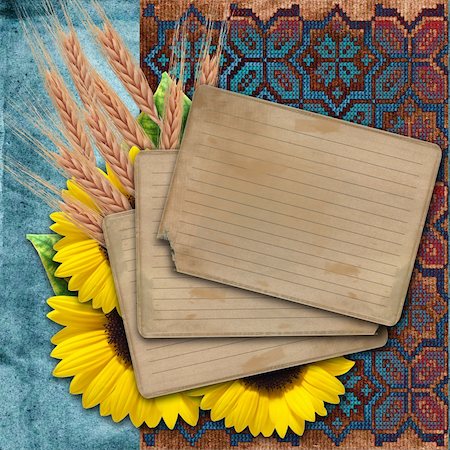 simsearch:400-05156538,k - Old invitation with Ukrainian embroidery and sunflowers on grange blue  background Fotografie stock - Microstock e Abbonamento, Codice: 400-04241762