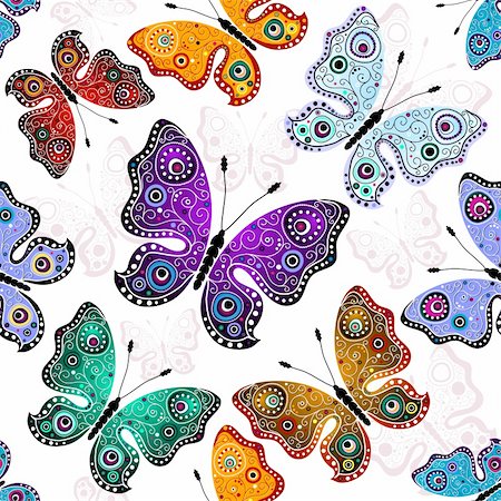 simsearch:400-05890035,k - Effortless white pattern with colorful butterflies (vector) Foto de stock - Super Valor sin royalties y Suscripción, Código: 400-04241884