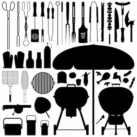 A large set of barbecue tools and food in silhouette. Foto de stock - Super Valor sin royalties y Suscripción, Código: 400-04242094