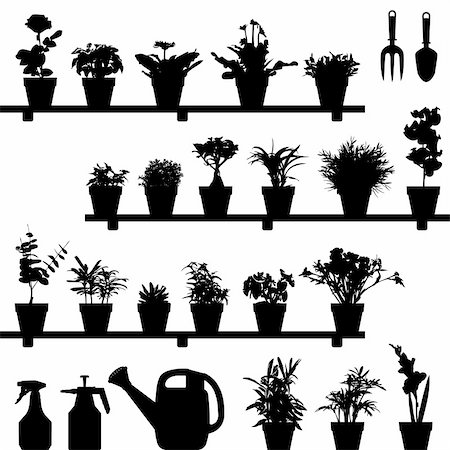 A large set of flowers and plants in vase or pot. This is in silhouette version. Stock Photo - Budget Royalty-Free & Subscription, Code: 400-04242105