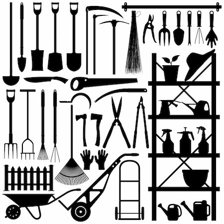 A large set of gardening tool and equipment in silhouette. Stock Photo - Budget Royalty-Free & Subscription, Code: 400-04242109