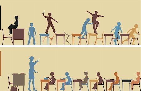 student and teacher illustrations - Editable vector silhouettes of two colorful classroom scenes Stock Photo - Budget Royalty-Free & Subscription, Code: 400-04243118