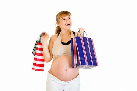 simsearch:400-04798379,k - Happy pregnant woman holding shopping bags in hands isolated on white Foto de stock - Super Valor sin royalties y Suscripción, Código: 400-04243286