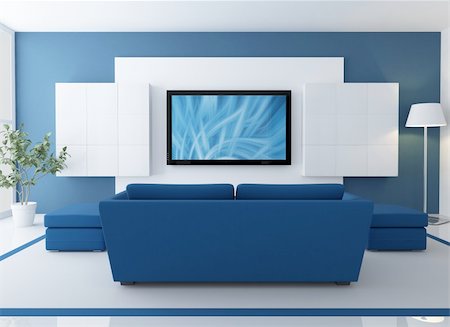 simsearch:400-05946922,k - blue and white  lounge with lcd tv - rendering - the image on screen is a my composition Photographie de stock - Aubaine LD & Abonnement, Code: 400-04243558