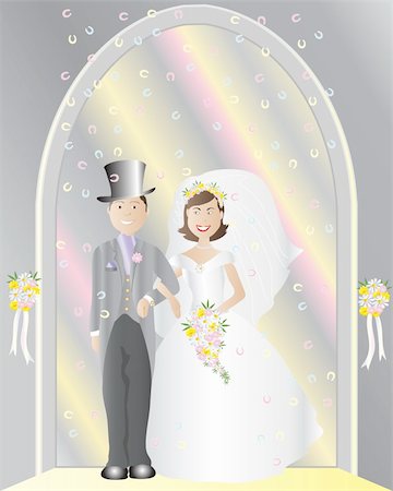 decorative arches for doorways - an illustration of a bride and groom on their wedding day coming out of a church doorway with confetti falling Stock Photo - Budget Royalty-Free & Subscription, Code: 400-04255137