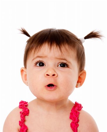 Face of cute surprised baby infant girl with ponytails, making funny mouth expression, isolated. Stock Photo - Budget Royalty-Free & Subscription, Code: 400-04255337