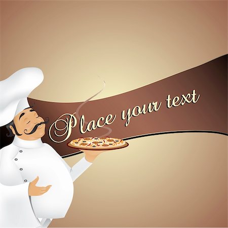 fast food restaurant cartoon - Background with cute chef servin delicious pizza,label for yout text Stock Photo - Budget Royalty-Free & Subscription, Code: 400-04255389