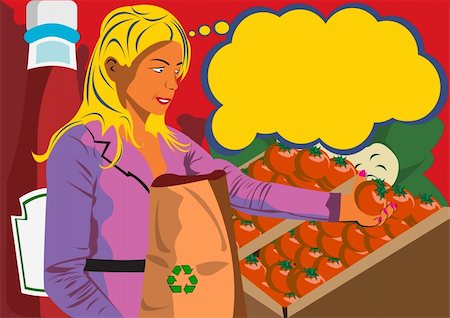 simsearch:6102-03827720,k - Vector illustration of a young women at the shop holding a tomato and with a bottle of ketchup in background of the image Foto de stock - Royalty-Free Super Valor e Assinatura, Número: 400-04255527