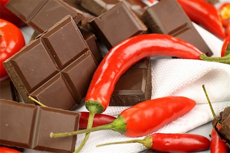 dark chocolate curl - Delicious dark chocolate with a selection of different chilies and peppers. Stock Photo - Budget Royalty-Free & Subscription, Code: 400-04256034
