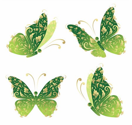 simsearch:400-06107863,k - Green art butterfly flying, floral golden ornament Fotografie stock - Microstock e Abbonamento, Codice: 400-04256396