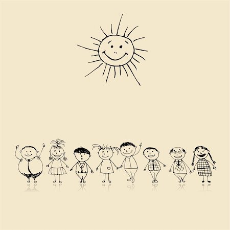 friends silhouette group - Happy big family smiling together, drawing sketch Stock Photo - Budget Royalty-Free & Subscription, Code: 400-04256406