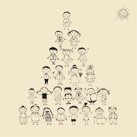simsearch:400-04813777,k - Funny pyramid with happy big family smiling together, drawing sketch Fotografie stock - Microstock e Abbonamento, Codice: 400-04256409