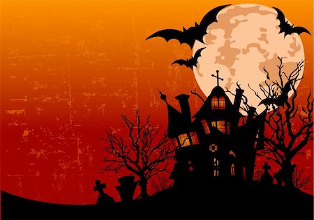 Grunge Halloween background with haunted house, bats and full moon Stock Photo - Budget Royalty-Free & Subscription, Code: 400-04256879