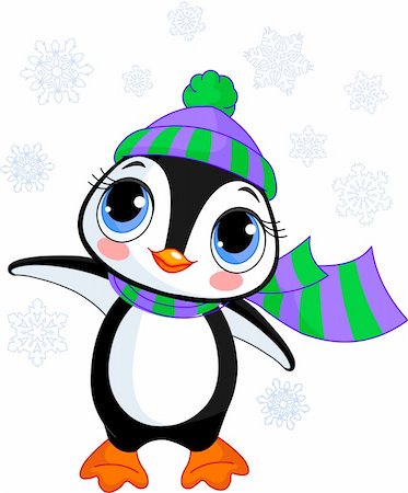 Illustration of cute winter penguin with hat and scarf  pointing Stock Photo - Budget Royalty-Free & Subscription, Code: 400-04256881