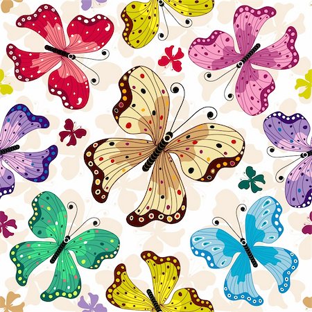 simsearch:400-05890035,k - Seamless white pattern with colorful butterflies (vector) Foto de stock - Super Valor sin royalties y Suscripción, Código: 400-04257258
