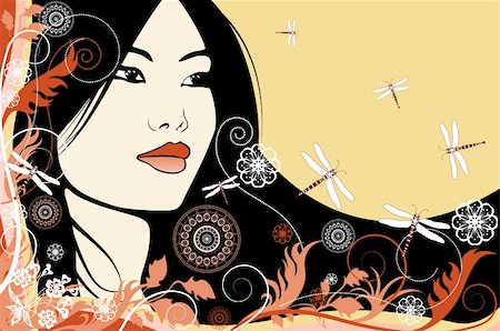 Vector illustration of an Asian girl on a floral background Stock Photo - Budget Royalty-Free & Subscription, Code: 400-04257569