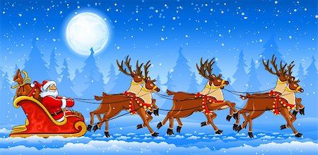 Christmas Santa Claus riding on sleigh with reindeer by snow. Vector illustration Stock Photo - Budget Royalty-Free & Subscription, Code: 400-04257597