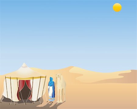 an illustration of a desert scene with a Tuareg and camel standing next to an Arabian tent Stock Photo - Budget Royalty-Free & Subscription, Code: 400-04257672