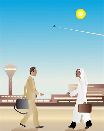 an illustration of two business men at an airport walking towards each other about to shake hands Stock Photo - Budget Royalty-Free & Subscription, Code: 400-04257673