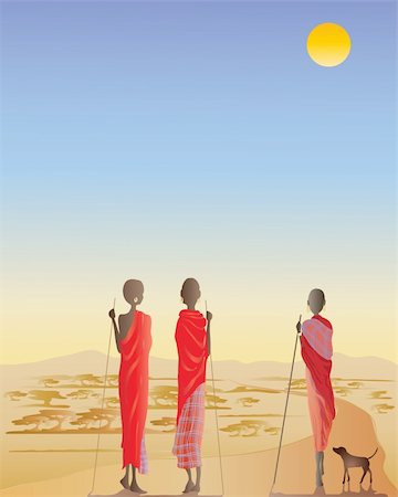 simsearch:851-02963281,k - an illustration of three Masai men on a dirt track with a small dog in front of acacia trees and distant hills Foto de stock - Super Valor sin royalties y Suscripción, Código: 400-04258764