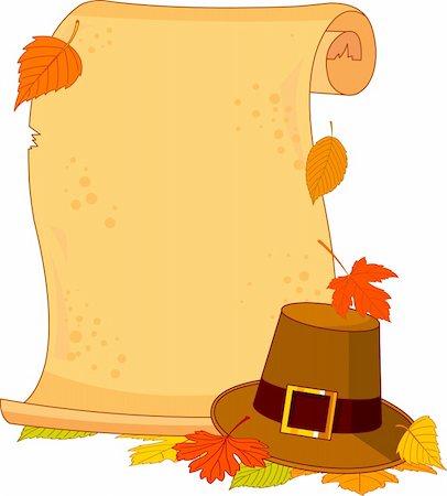 scroll designs clip art - Thanksgiving scroll with pilgrim hat and autumn leaves Stock Photo - Budget Royalty-Free & Subscription, Code: 400-04259288