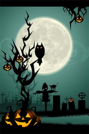 simsearch:400-09081867,k - illustration of halloween night in graveyard with glowing pumpkin and bat Fotografie stock - Microstock e Abbonamento, Codice: 400-04259528