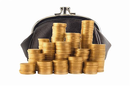 simsearch:400-04739674,k - Purse and many golden coins in columns isolated on white background. Business concept. Photographie de stock - Aubaine LD & Abonnement, Code: 400-04259717