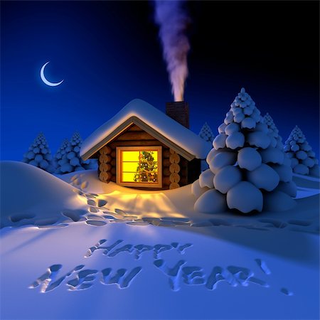 snowy night at home - A small cottage in the fairy forest in snowy New Year's Eve. Around the hut on the snow trails and an inscription - a Happy New Year! Stock Photo - Budget Royalty-Free & Subscription, Code: 400-04264606