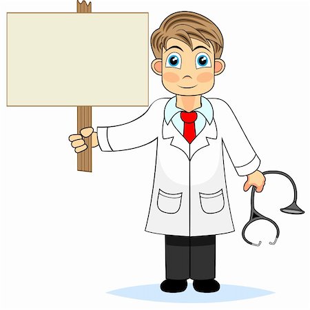 vector illustration of a cute boy doctor holding a blank wooden sign. No gradient Fotografie stock - Microstock e Abbonamento, Codice: 400-04264871