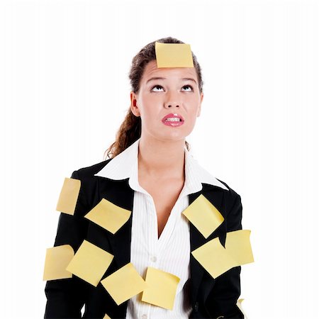 Businesswoman with yellow pos-its, isolated on white Stock Photo - Budget Royalty-Free & Subscription, Code: 400-04265810