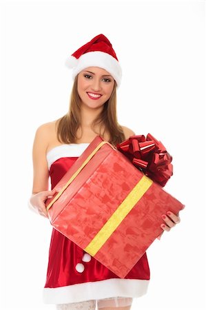 simsearch:400-06477682,k - Cheerful santa helper girl with big gift box. Isolated over a white background. Stock Photo - Budget Royalty-Free & Subscription, Code: 400-04265921
