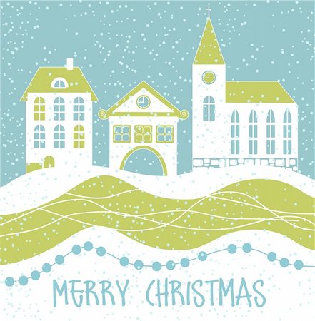 snowflakes on window - Christmas card with houses, vector Stock Photo - Budget Royalty-Free & Subscription, Code: 400-04266001